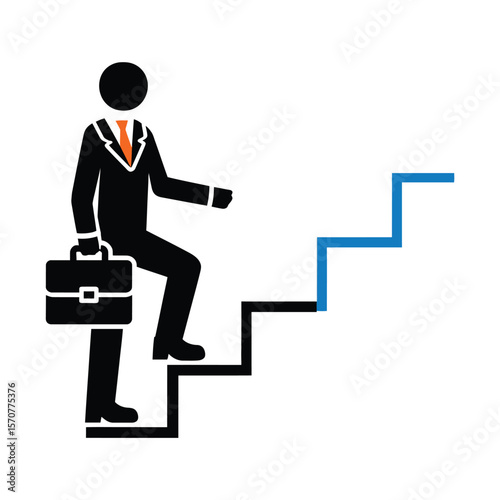 Businessman with briefcase climbing up the stairs. Vector illustration.