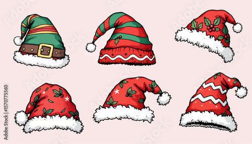 High-quality PNG illustrations of six unique Santa hats perfect for Christmas designs, including elf hats and variations with holly and winter patterns, ideal for festive projects and seasonal