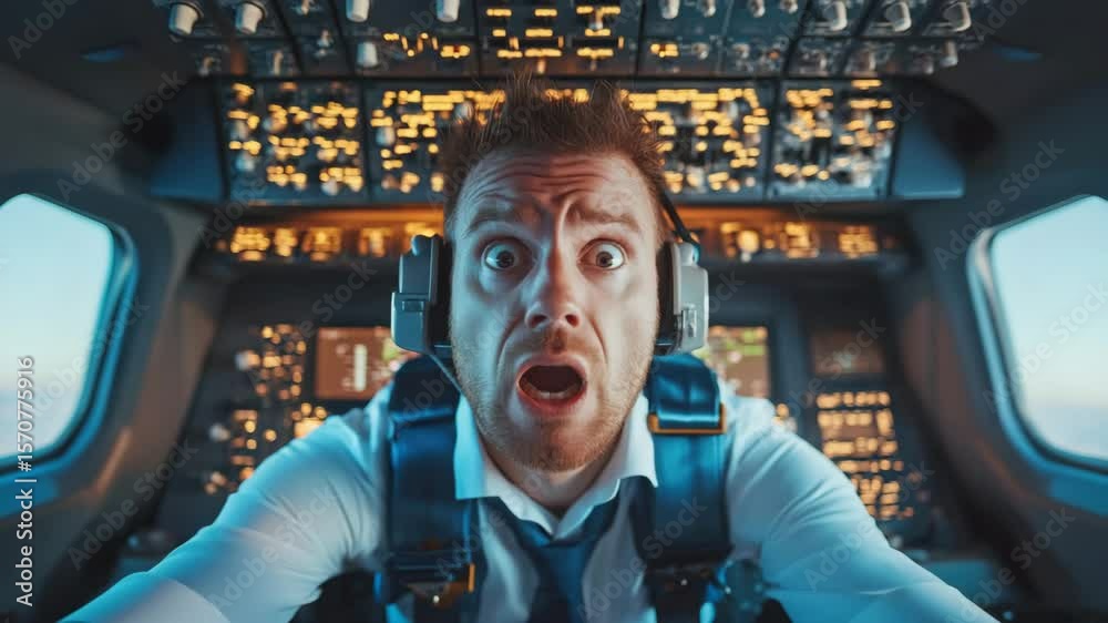Shocked pilot in airplane cockpit with headset at flight deck control ...