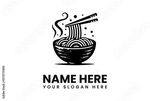 A monochrome logo depicting a bowl of steaming noodles with chopsticks.
