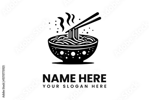 A stylized black and white logo featuring a steaming bowl of noodles and chopsticks.