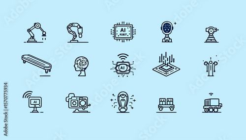 Collection of line icons depicting AI, robotics, automation, and smart technology concepts, ideal for websites, apps, and presentations on modern technology.