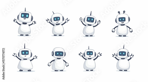 A charming collection of eight friendly white cartoon robots with blue screen faces, each displaying unique poses and expressions on a clean white background.
