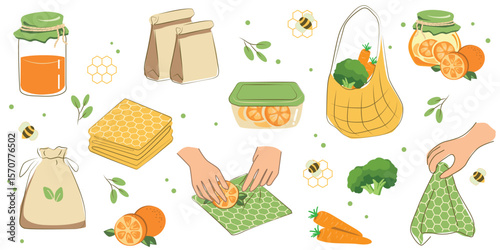 Eco-friendly reusable food packaging set with beeswax wraps, fabric bags, and glass containers for zero waste lifestyle