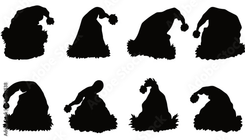 High-resolution PNG image featuring eight diverse silhouettes of Santa hats, perfect for Christmas designs, festive projects, and winter-themed illustrations, offering versatile design options for