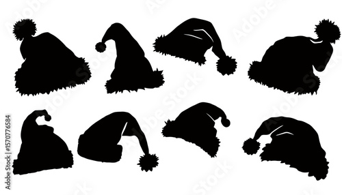 A festive collection of Santa hats in various styles and shapes, perfect for adding a touch of holiday cheer to your Christmas-themed designs and projects.