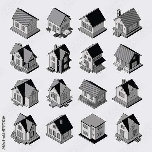 Sixteen grayscale isometric illustrations of diverse house designs showcasing various architectural styles roof types and exterior details including single story and two story homes with