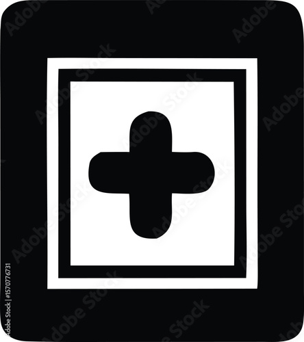 A simple black plus symbol with rounded ends is centered within a white square which is then enclosed by a thick black border