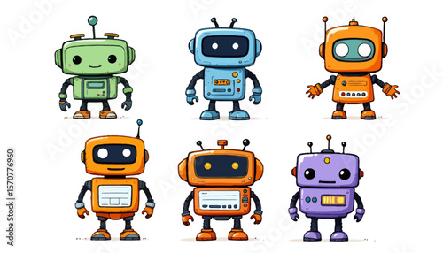 Collection of six cute, stylized cartoon robots with different colors and designs, presented against a white background for versatile use.