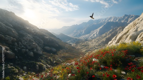 A breathtaking mountain vista with wildflowers and a bird in flight.