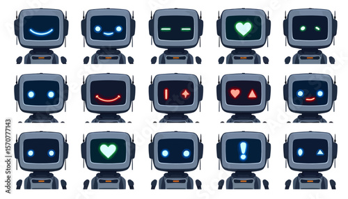A collection of cute and expressive robot faces displayed on a grid, showcasing a range of emotions from happiness to love and curiosity, perfect for tech concept.