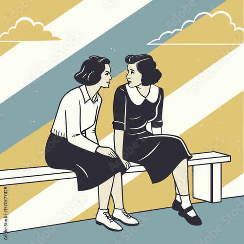 Retro Friendship Moment – Vintage 1950s Illustration of Two Women Talking on a Bench for International Friendship Day & Timeless Human Connection

