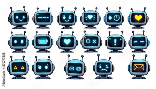 A collection of cute cartoon robot heads displaying various digital emotions and status icons on their screens, isolated on a white background.