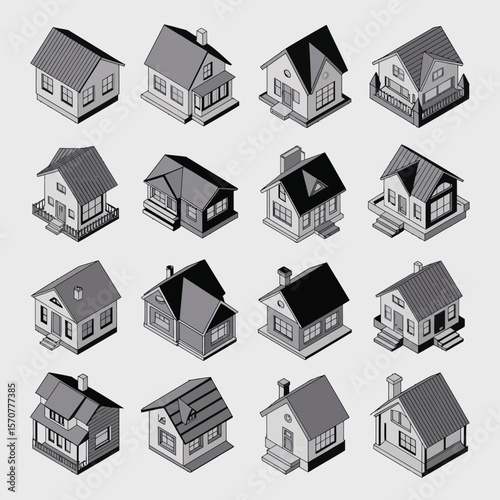 Sixteen grayscale isometric illustrations of diverse suburban houses showcasing various architectural styles roof designs and exterior details including single story and two story homes with