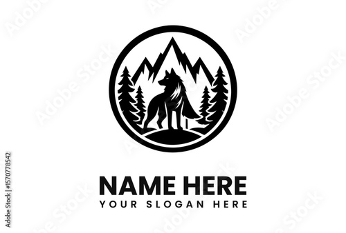 A majestic wolf stands proudly amidst a mountain range and pine trees, encircled within a bold circular logo design.