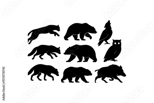 Collection of Wild Animal Silhouettes:  Bears, Wolves, Deer, Birds, and More in Bold Black and White.