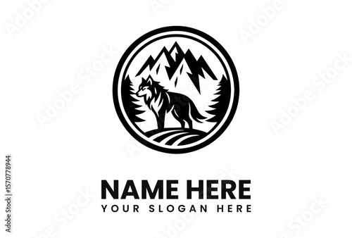 A logo featuring a wolf standing in a mountain landscape framed by a circle.