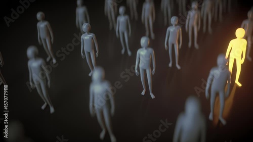 Group of Abstract Humanoid Figures on Dark Surface Mysterious and Surreal Atmosphere with Evenly Spaced Shadows and Glowing Figure Symbolizing Individuality and Uniqueness