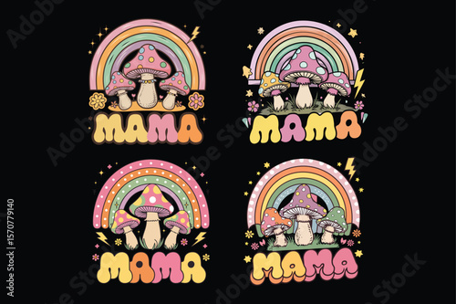 Groovy mama mushrooms rainbow retro