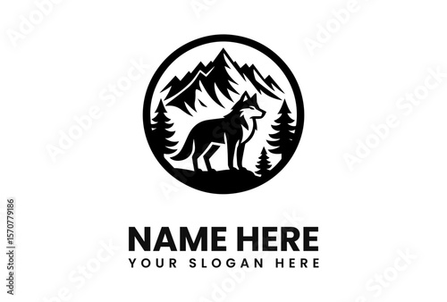 A stylized black and white logo featuring a wolf, mountains, and trees.