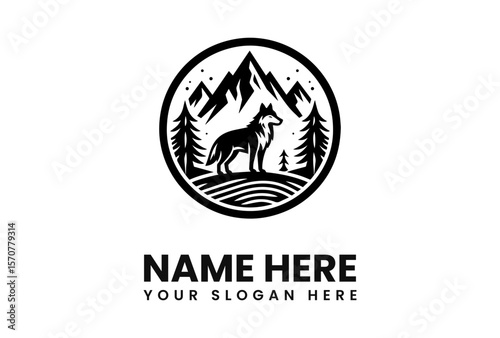 Black and white logo design featuring a wolf standing in a mountain landscape.