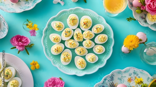 Colorful deviled eggs arranged on pastel plates.