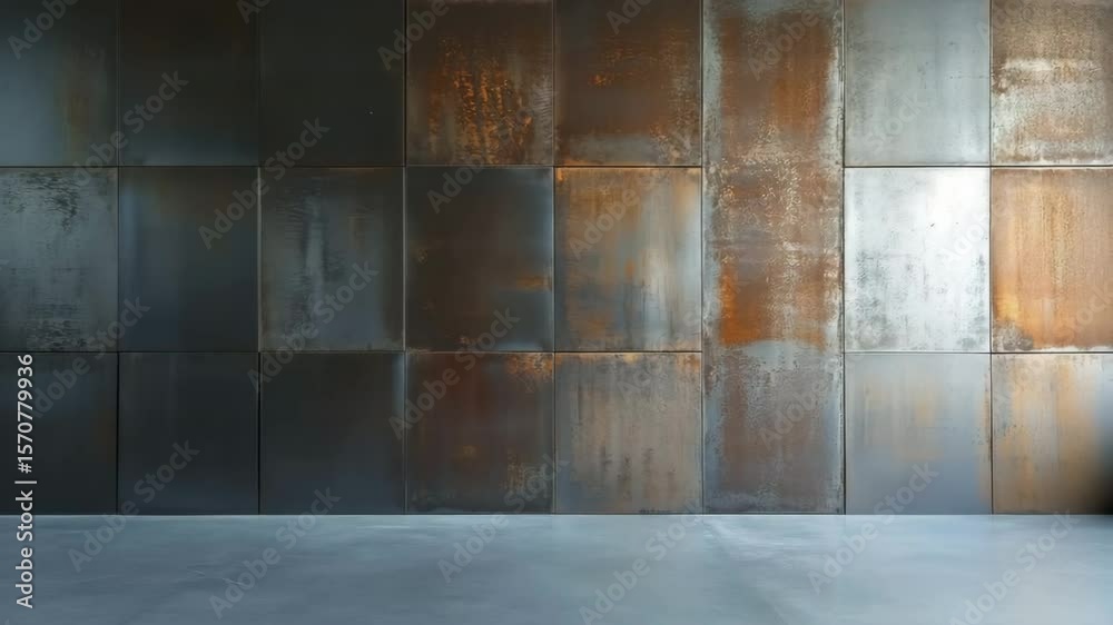 Rusty metal wall with industrial texture and smooth concrete floor, aged surface creating moody atmosphere empty space with large square panels and warm lighting enhancing textured floor and wall