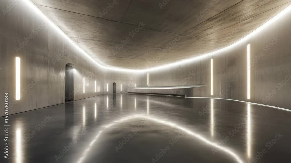 Minimalist interior featuring curved concrete walls and reflective floor with vertical and horizontal strip lights, modern architectural lighting creating smooth, futuristic space ambiance