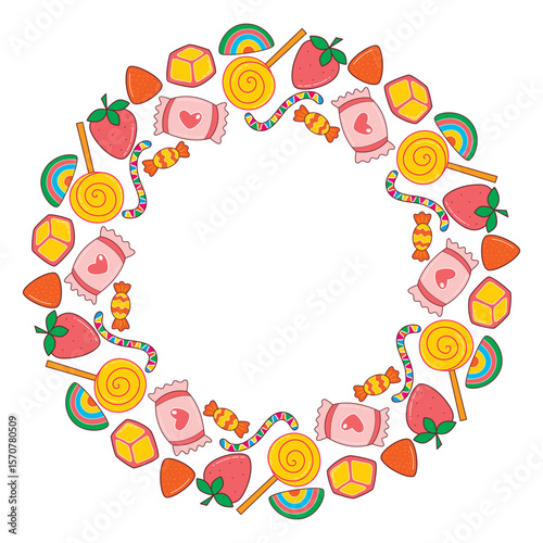 Round frame of candy, caramel and jellybean. Circle rim of sweets with copy space. Template with goodies circle frame for card, invitation, candy shop, vector graphic