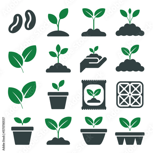 Sixteen Green and Dark Gray Seedling Growth Stage Icons Collection Showing Sprouting Seeds Plants in Pots Seed Packets and Seed Starting Trays