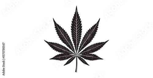Detailed black cannabis leaf silhouette with intricate vein patterns on white background