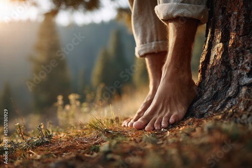 man barefoot in forest connecting with nature