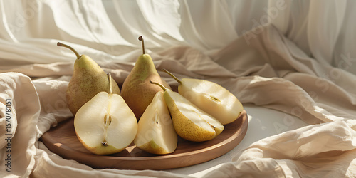 Ripe pears on wooden plate with soft fabric backdrop

