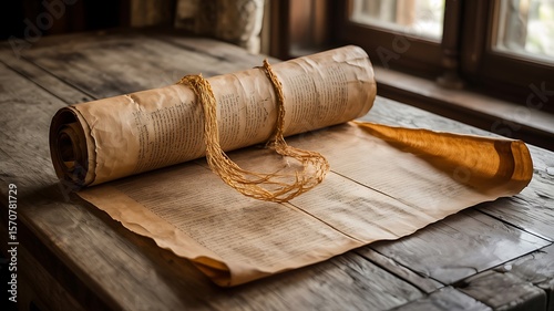 Ancient scroll with handwritten text tied with golden string on a wooden surface
