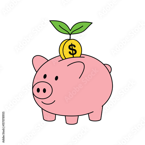 Piggy Bank with Growing Plant and Money Coin vector illustration