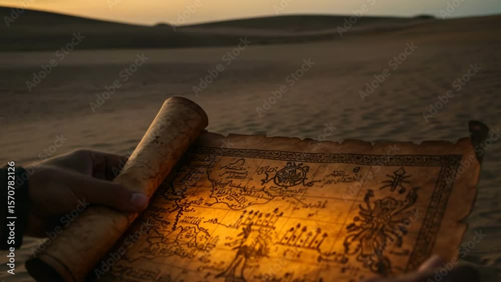Hands holding glowing parchment map with ancient symbols, revealing ...