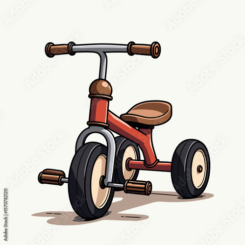 Charming hand-drawn style illustration of a red retro tricycle with a brown seat, a nostalgic children's toy for fun, play, and first riding adventures.
