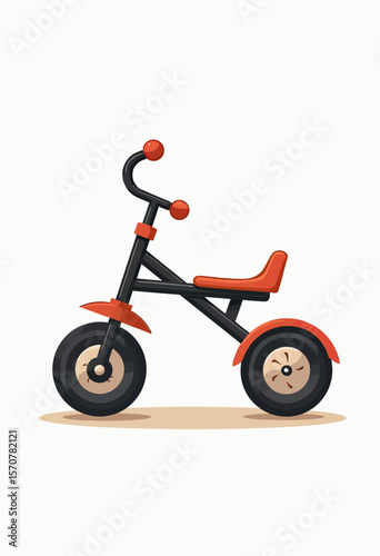 Classic children's tricycle in a minimalist black and red design, a simple vector illustration of a retro toddler toy for childhood and play concepts.
