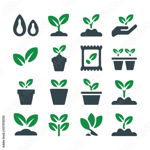 Sixteen Green and Gray Plant Growth Stage Icons Seedling Sprout Potted Plant Seed Packet Hand Holding Sprout Gardening Botany Agriculture Symbols