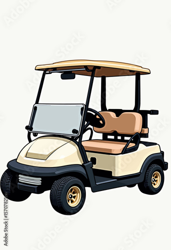 Detailed illustration of a classic cream-colored golf cart with beige seats and gold rims, a perfect vector graphic for country club or recreational vehicle concepts.
