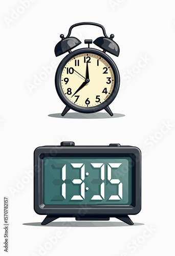 A comparison of classic analog and modern digital alarm clocks, showcasing the evolution of timekeeping technology from vintage twin-bell to an electronic display.
