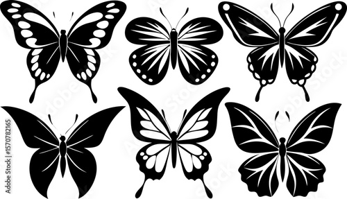Set of 6 Black Butterfly Silhouettes in Vector Style