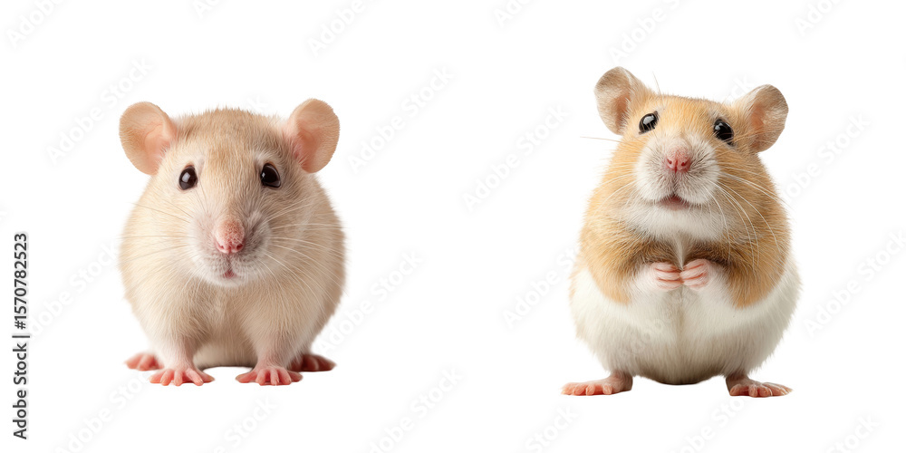 Two adorable hamsters posing side by side against a plain black background studio shot Two adorable hamsters posing side by side against a plain black background studio shot