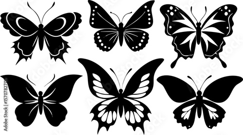 Set of 6 Black Butterfly Silhouettes in Vector Style