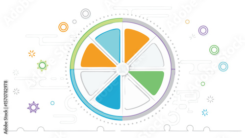 Colorful wheel with pie chart segments and decorative elements on a white background design illustration