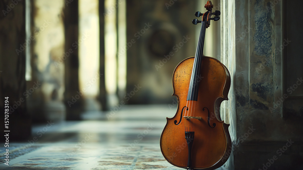 Fototapeta premium Violin Resting Against Stone Column in Historic Building Hallway