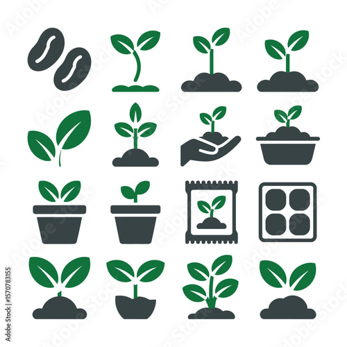 Sixteen Green and Gray Plant Growth Stage Icons Seedling Sprout Seed Potting Soil Planting Hand Seed Packet Cell Tray Collection
