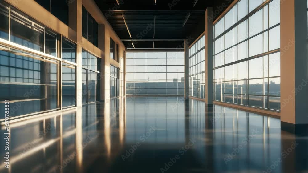 Modern interior architecture featuring empty room with large glass windows, reflective floor, and bright natural light creating calm spacious atmosphere in building design