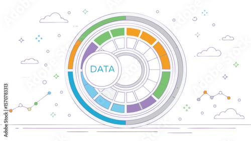 Data visualization with circular chart and surrounding design elements on a white background canvas view