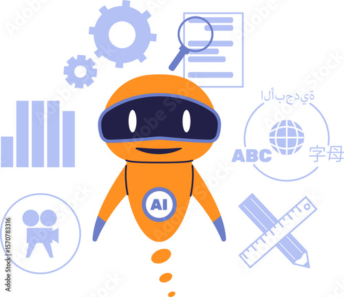 Multifunctional AI Assistant for Language Learning, Media Content Creation, and Data Analysis. Flat Vector Illustration of Artificial Intelligence in Modern Education and Productivity.